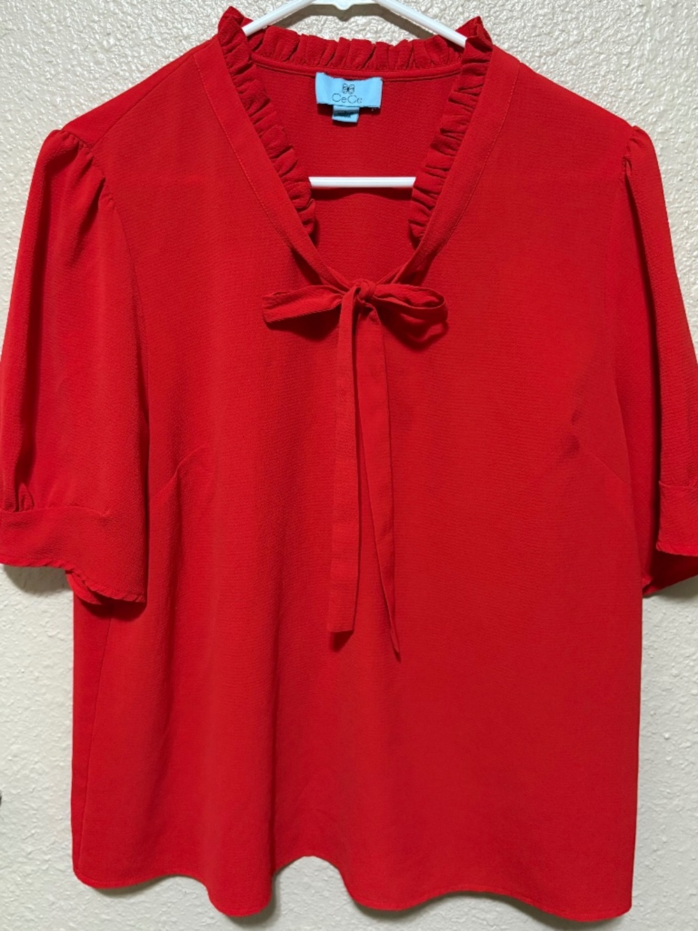 CeCe Red Pleated Ruffle Tie Neck Blouse